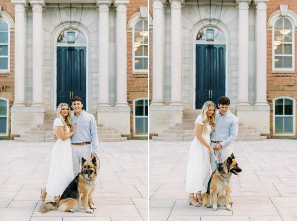 Collage of a couple at the University of Arkansas during their engagement session with their dog.