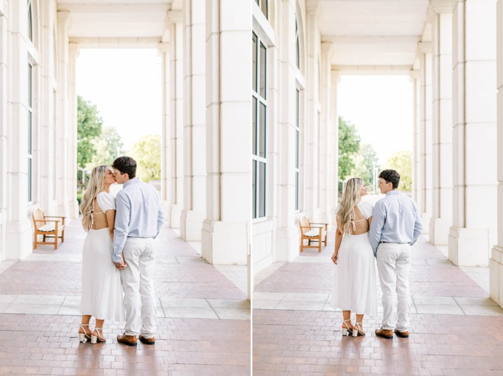 Collage of a couple standing with their backs to the camera while they smile and kiss each other during their engagement session.