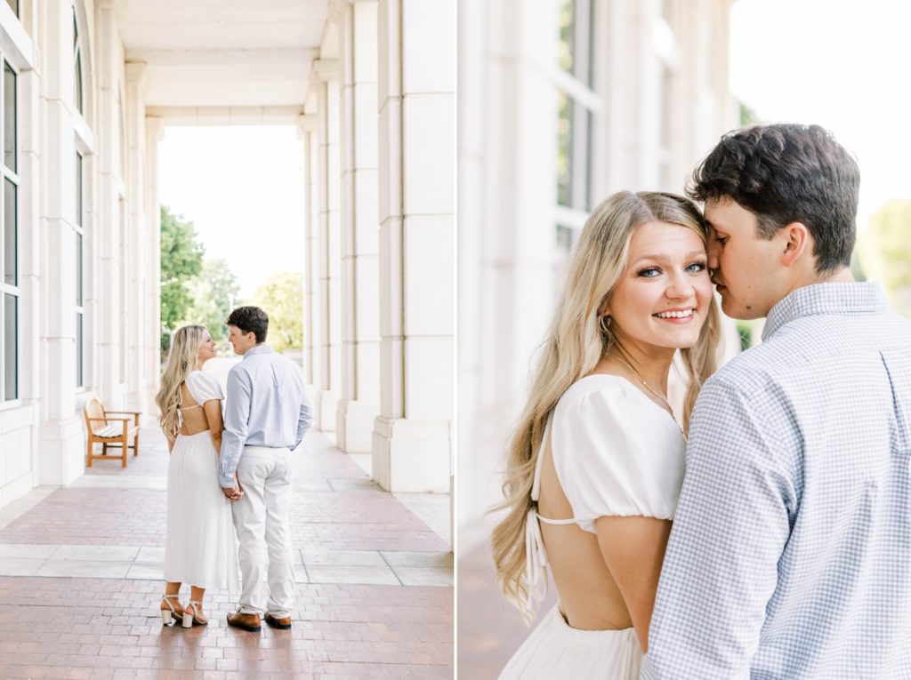 Collage of a couple standing with their backs to the camera while they smile and kiss each other during their engagement session.