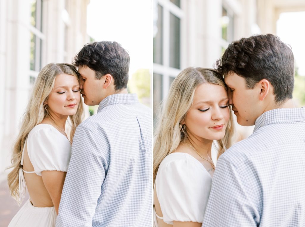 Collage of a man nuzzling his fiance's temple during their engagement session at the University of Arkansas.