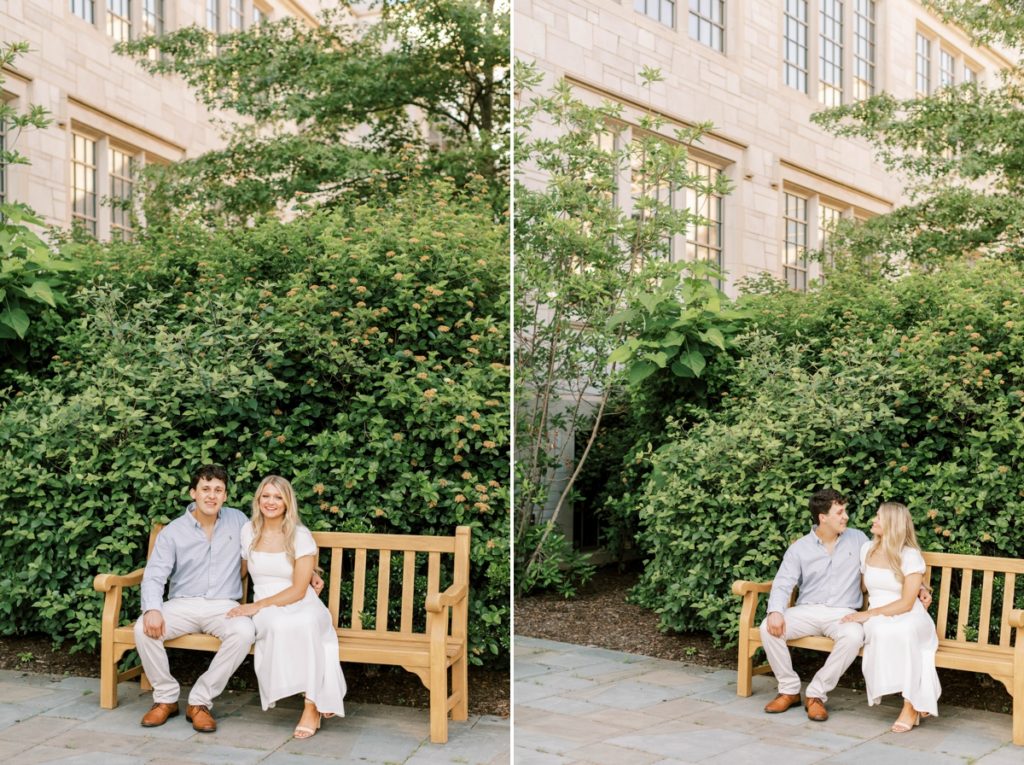 Collage of a man and woman sitting on a bench smiling at each other during their engagement session.