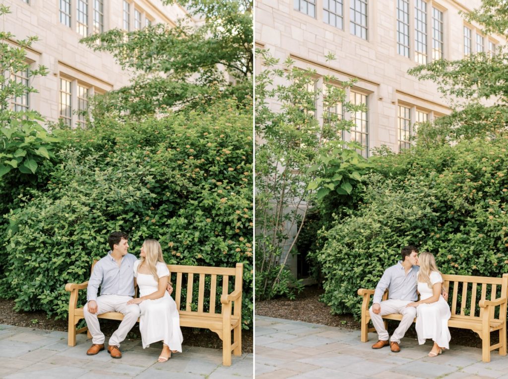 Collage of a couple sitting on a bench kissing and smiling at each other during their engagement session at the University of Arkansas.
