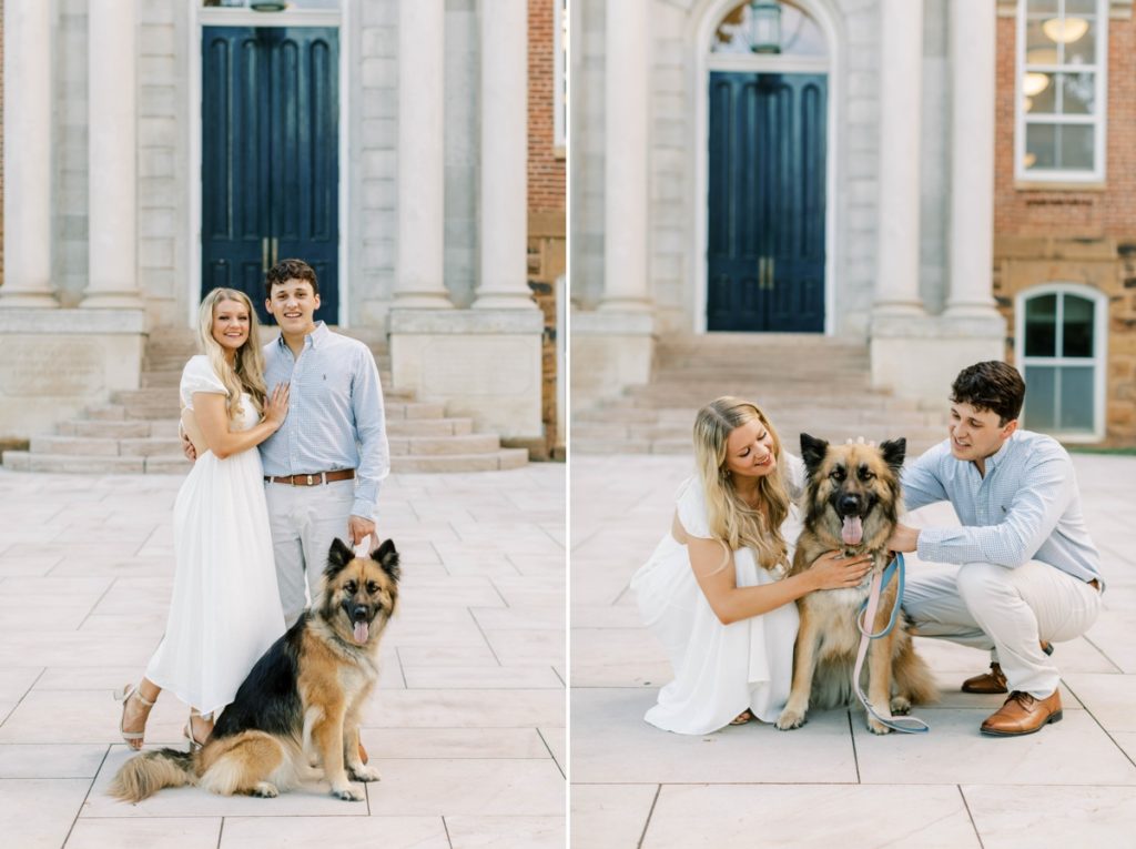 Collage of a couple standing behind their dog while their dog looks at the camera and the couple squatting down to love on their dog during their engagement session.