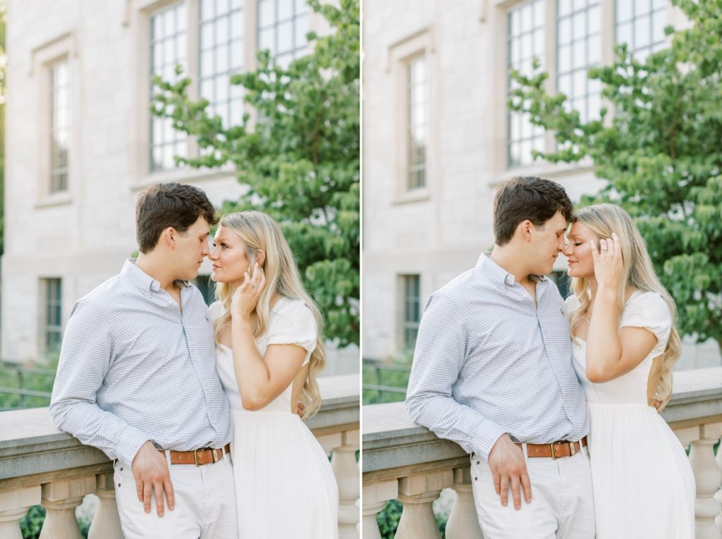Collage of a couple leaning against a stone bridge railing resting their noses together during their engagement session at the University of Arkansas.