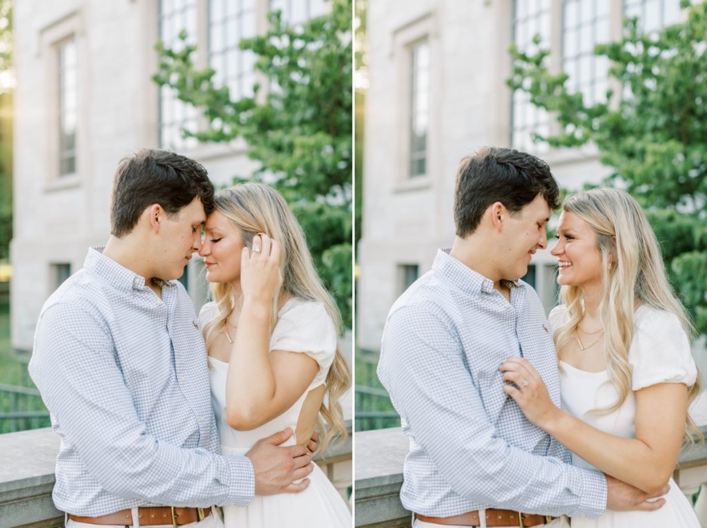 Collage of a couple leaning against a stone bridge railing resting their noses together during their engagement session at the University of Arkansas.