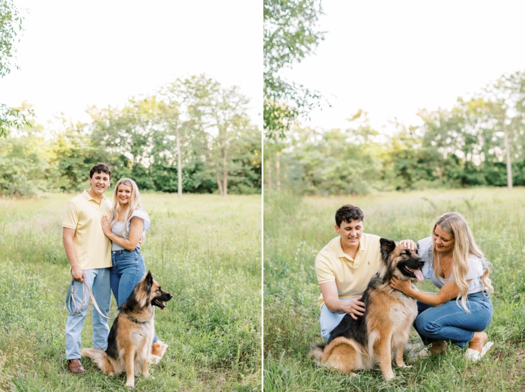 Collage of a couple standing in a field at Wilson Springs Nature Reserve with their dog.