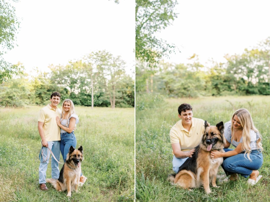 Collage of a couple standing in a field with their dog during their engagement session and squatting down to love on their dog.