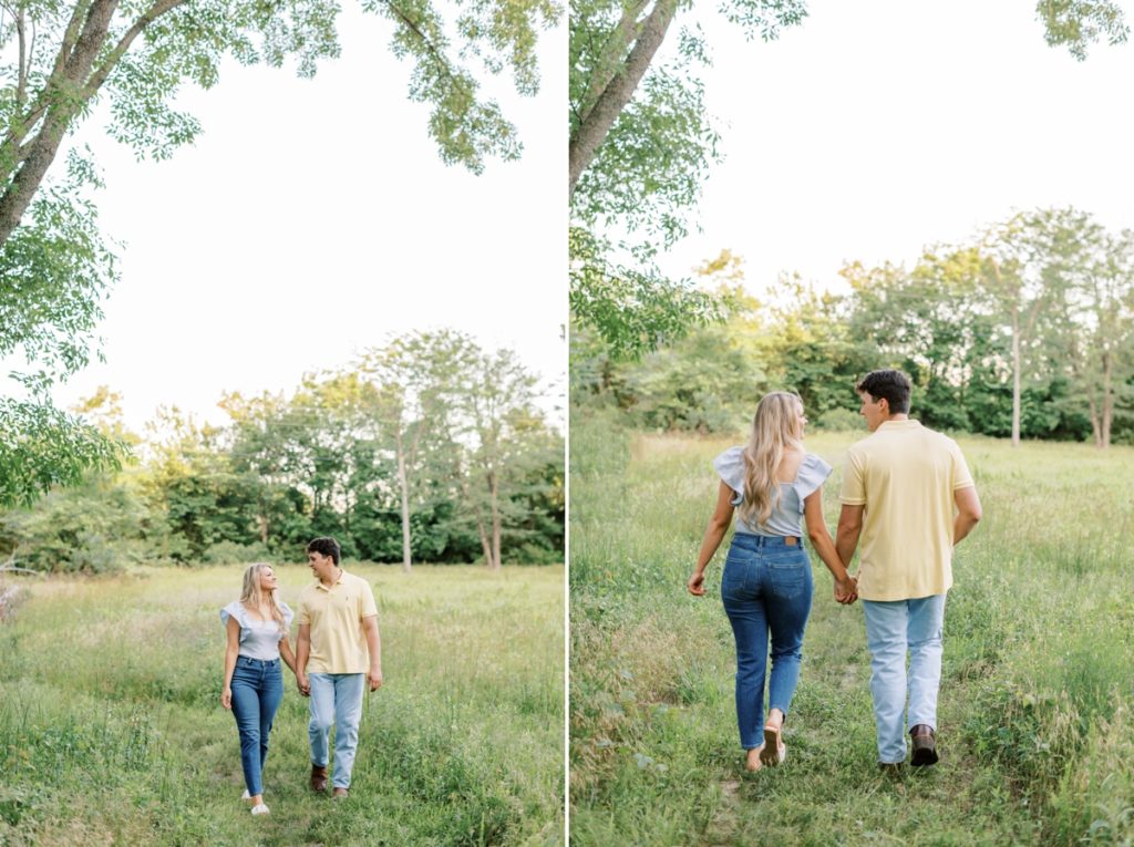 Collage of a couple walking through a field at Wilson Springs Nature Reserve during their engagement session in Arkansas.