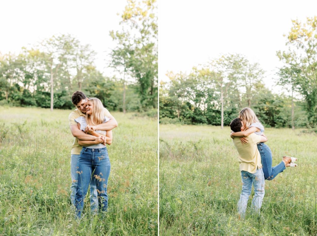Collage of a man wrapping his arms around his fiance from behind and him lifting her into the air while kissing her during their engagement session at Wilson Springs Nature Reserve.