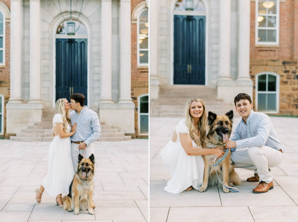 Collage of a couple kissing while their dog sits in front of them and the couple squatting down hugging their dog.