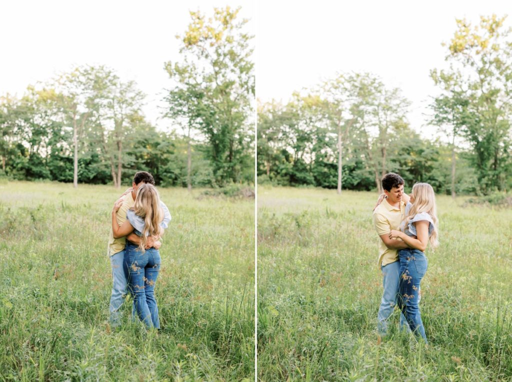 Collage of a couple kissing in the middle of a field during their engagement session.