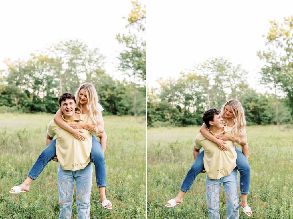 Collage of a woman getting a piggy back ride from her fiance in a field during their engagement session.