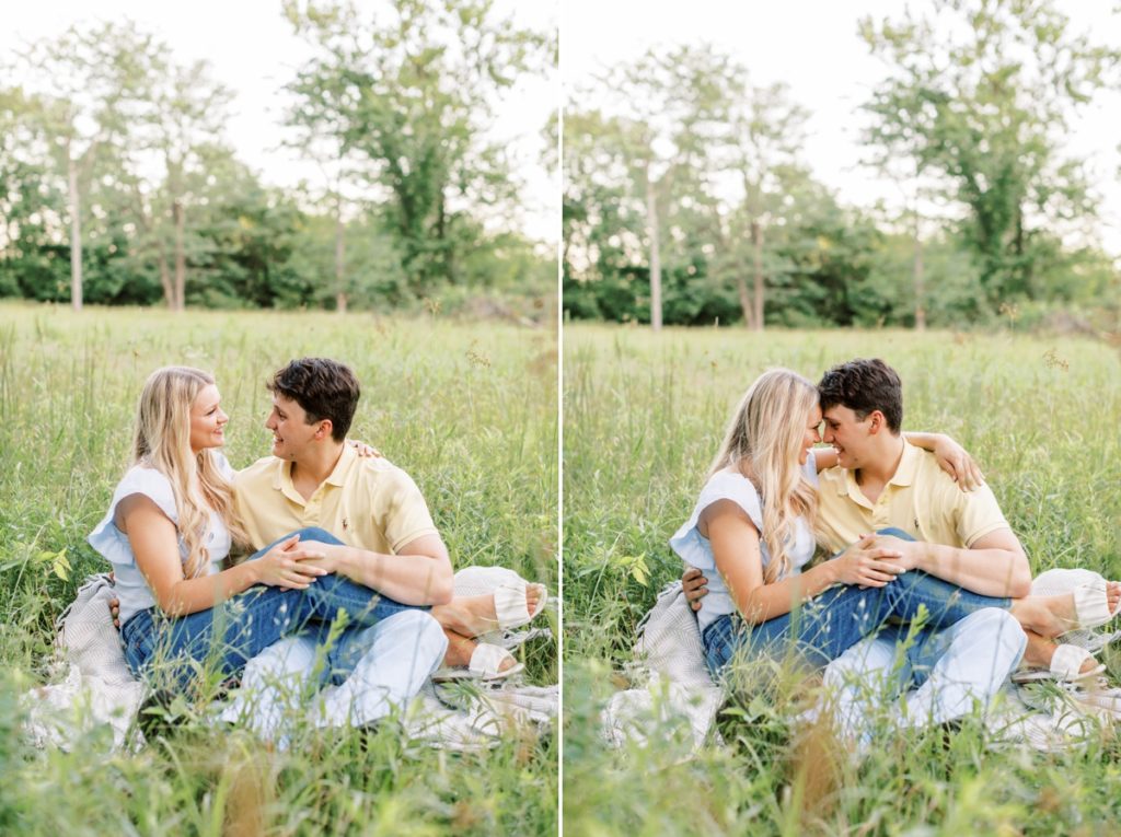 Collage of a woman with her legs over her fiance's lap while they press their foreheads together and smile at each other.