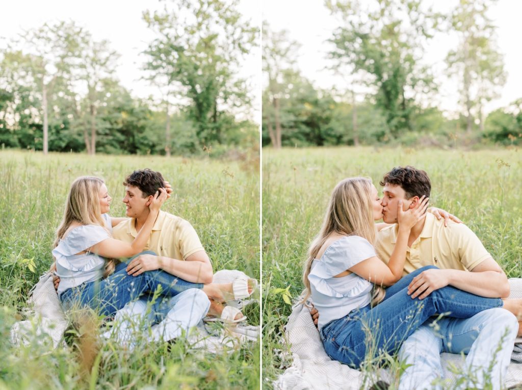Collage of a woman with her legs thrown over her fiance's lap while they smile and kiss each other at Wilson Springs Nature Reserve.