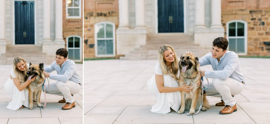 Collage of a couple squatting down with their dog and loving on her during their engagement session at the University of Arkansas.