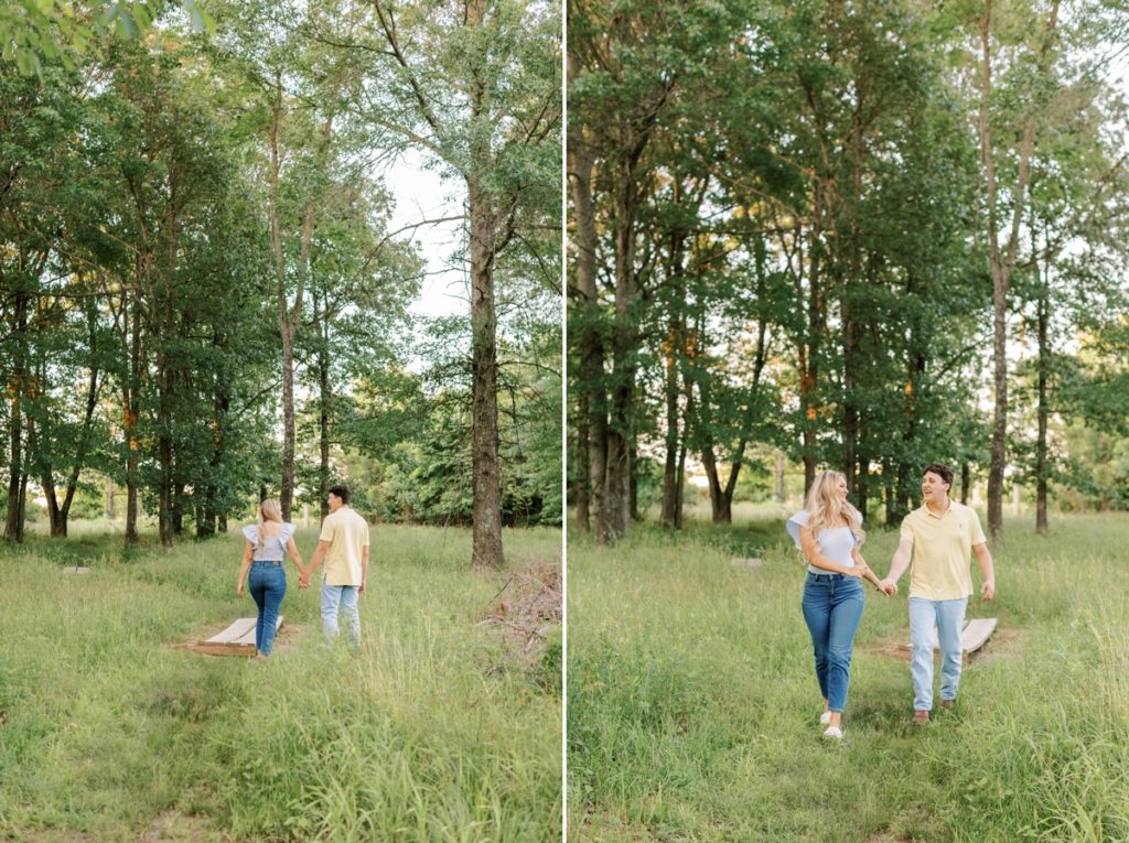 Collage of a couple walking through a wooded field during their engagement session.
