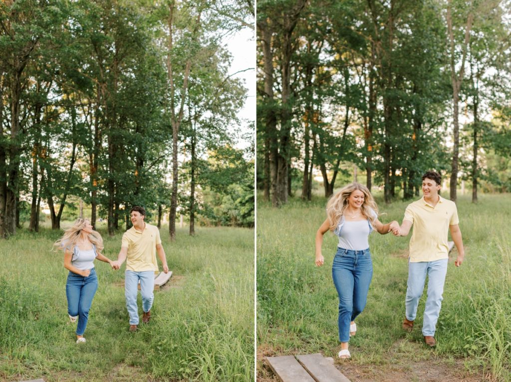 Collage of a couple running hand in hand during their engagement session at Wilson Springs Nature Reserve.