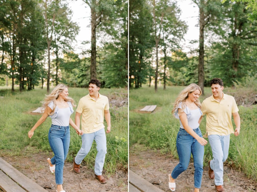 Collage of a couple running hand in hand during their engagement session at Wilson Springs Nature Reserve.