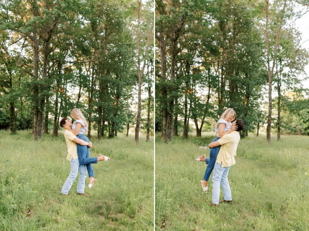 Collage of a man picking up his fiance and spinning her around during their engagement session in Arkansas.