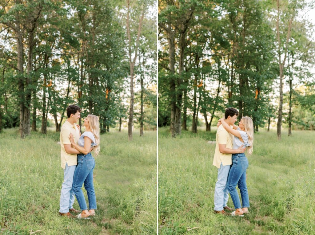 Collage of a couple standing belly to belly looking at each other smiling during their engagement session.