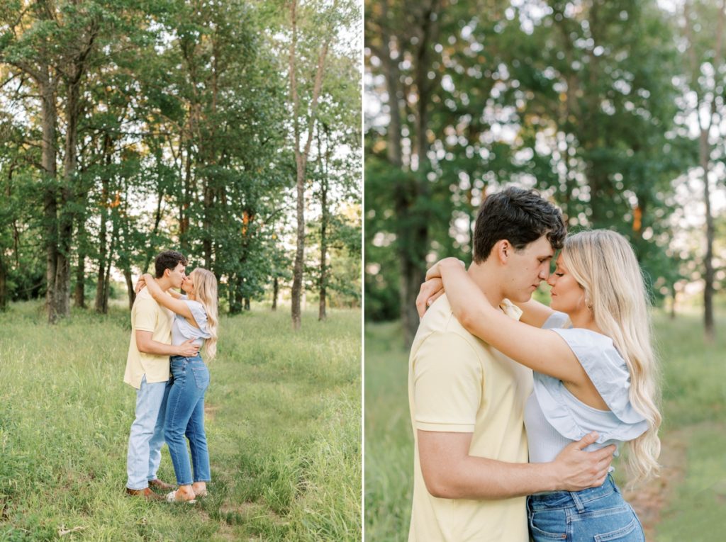 Collage of a couple kissing and pressing their noses together as they take in a moment during their engagement session.