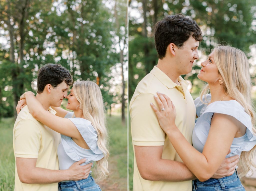Collage of a couple smiling at each other during their engagement session.