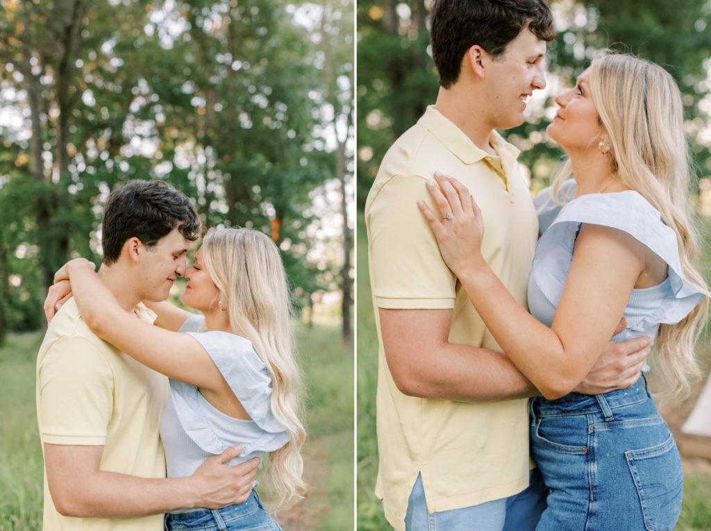 Collage of a couple smiling at each other during their engagement session.