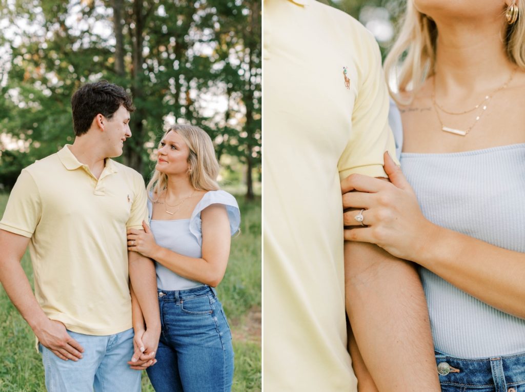 Collage of a woman holding on to her fiance's arm and smiling at him during their engagement session.