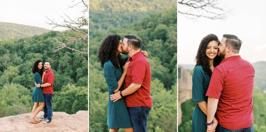 Collage of Leah and Tommy kissing and smiling during their engagement session at Yellow Rock.