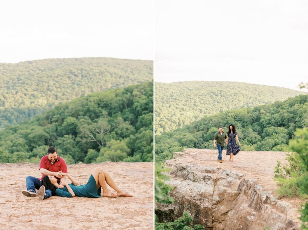 Collage of Leah laying with her head in Tommy's lap and them walking along the edge of Yellow Rock hand in hand.