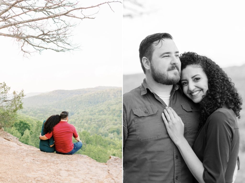 Collage of Tommy and Leah sitting on the edge of the cliff resting their heads on each other and a black and white photo of Leah resting her head on Tommy's chest while he gazes off in the distance.