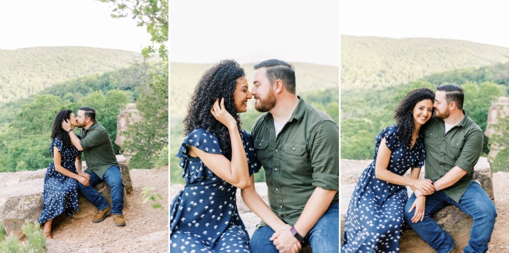 Collage of Leah pulling back her hair and smiling while Tommy kisses her during their engagement session.