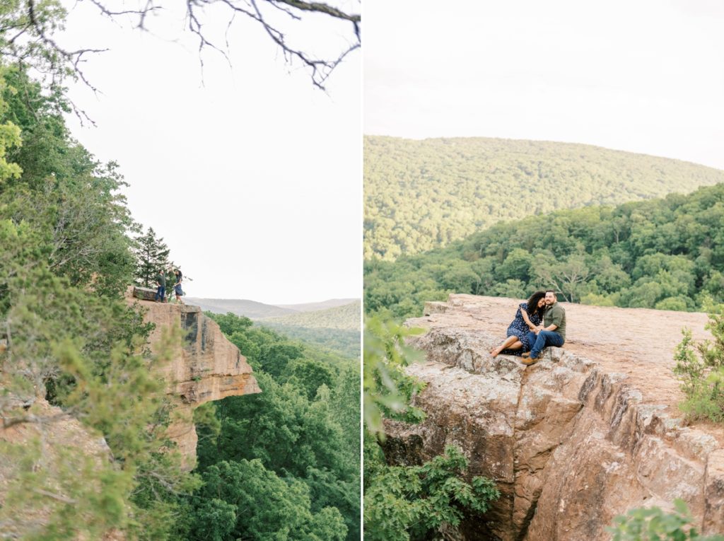 Collage of pulled back photos of Leah and Tommy dancing and snuggling on the edge of the cliff in Devi's Den, Arkansas showing off the incredible cliff view.