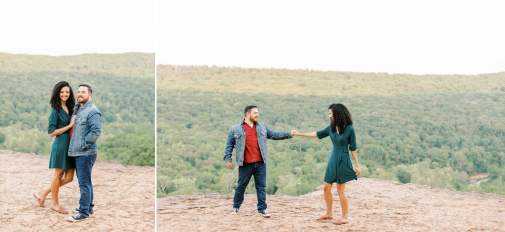 Collage of Leah and Tommy smiling together and dancing during their engagement session.