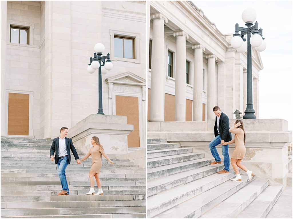 Madi and Ty climbing stairs, holding hands. Pictures taken by Arkansas Photographer