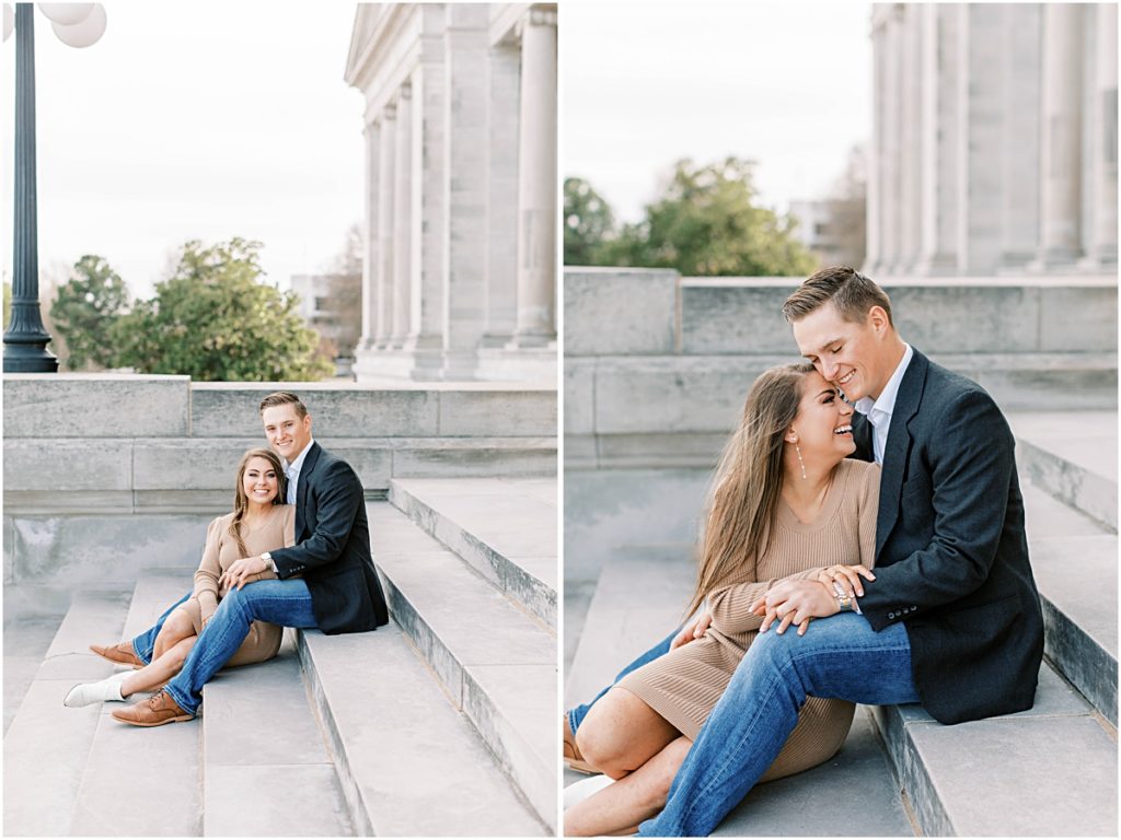 Madi and Ty seated on stone stairs at Arkansas State Capital, with Madi nuzzling Ty. Pictures taken by Arkansas Photographer