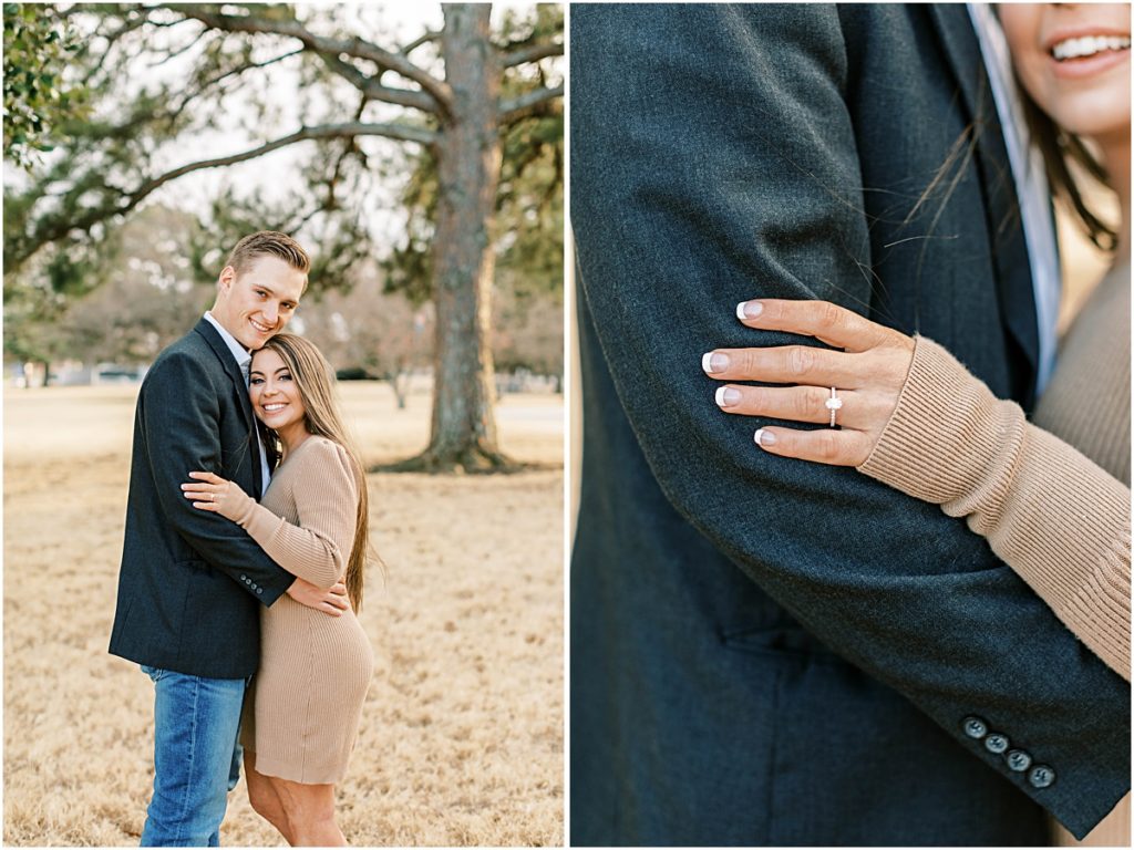 Madi and Ty hugging at a park. Detail shot of ring. Pictures taken by Arkansas Photographer