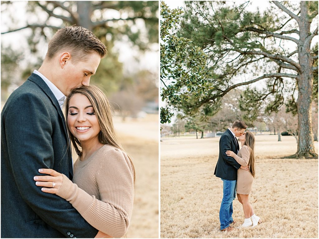 Collage of Madi and Ty hugging and kissing at park, Pictures taken by Arkansas Photographer