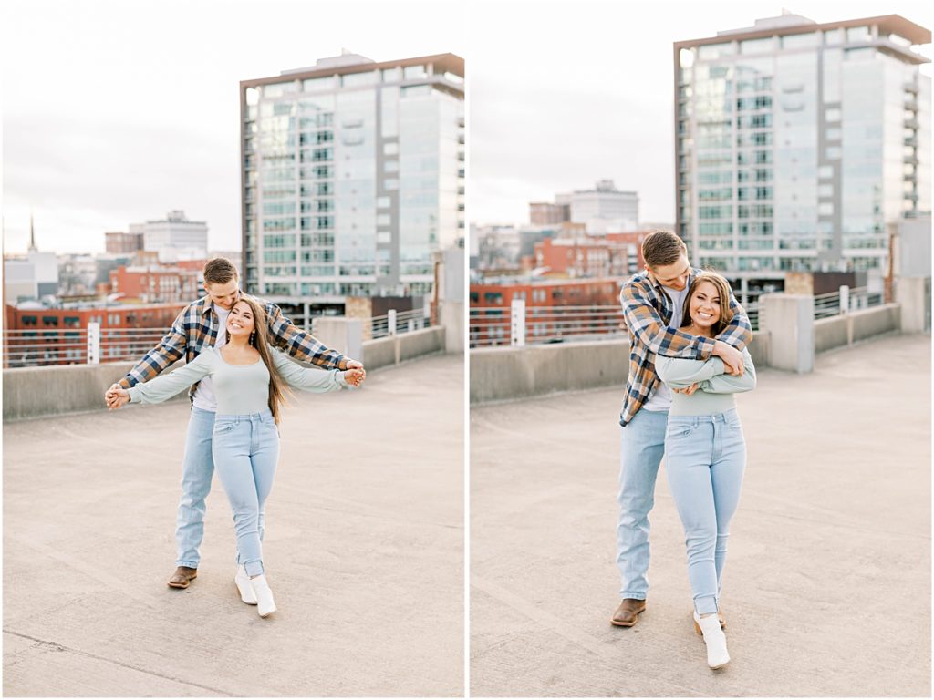 Collage of Madi and Ty hugging on parking garage rooftop. Pictures taken by Arkansas Photographer