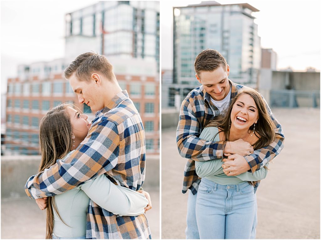 Collage of Madi and Ty hugging, then Laughing on parking garage rooftop. Pictures taken by Arkansas Photographer