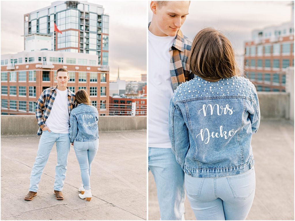 Madi and Ty. Madi wearing her "Mrs. Decker" jean jacket on a parking garage rooftop
