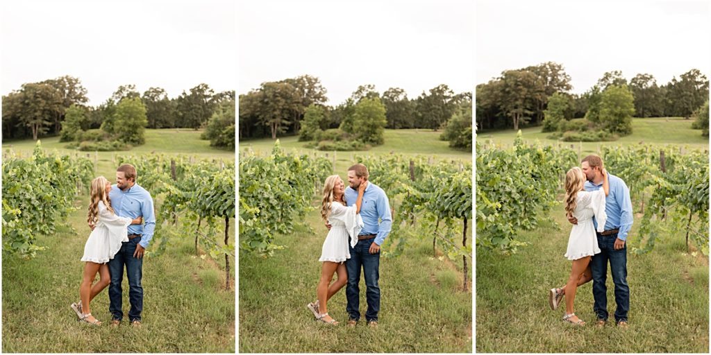 Collage of Remington and Jackson kissing in the vineyard rows 