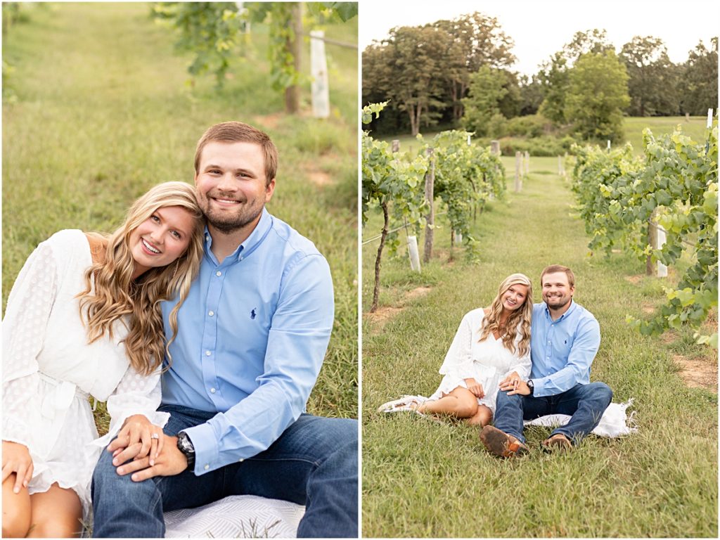 Collage of Remington and Jackson sitting amongst the vineyard rows during a Springdale AR Engagement session 