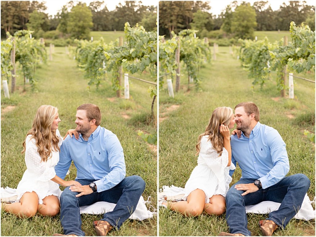 Jackson and Remington sitting between the rows about to kiss during a Springdale AR Engagement session 