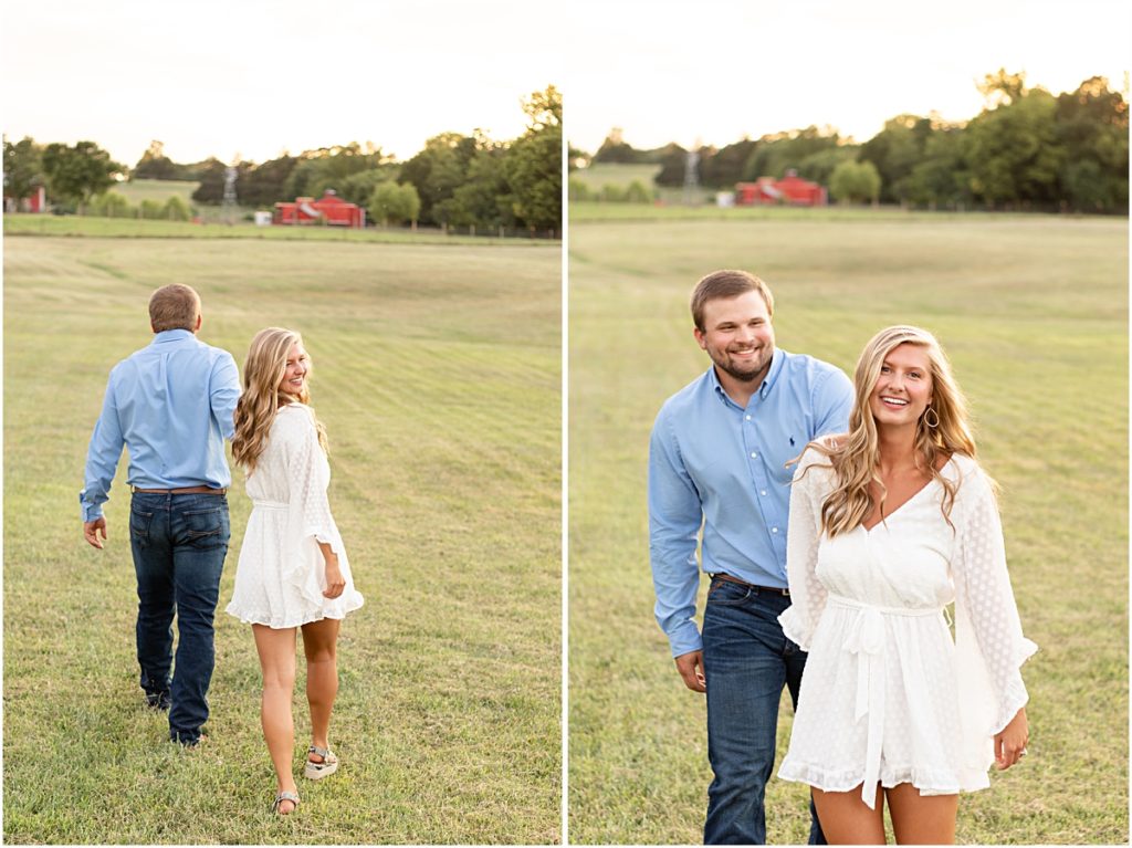 Collage of Jackson and Remington walking through a fresh cut field during a Springdale AR Engagement session 
