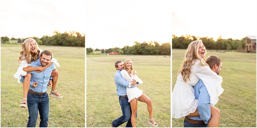 Collage of Remington and Jackson in piggyback in an open field during a Springdale AR Engagement session 