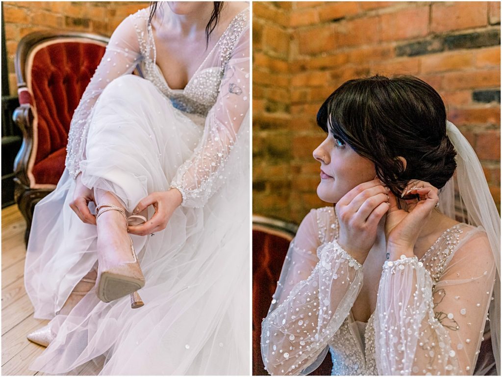 Collage of Emily getting ready - putting on shoes and earrings during Arkansas Elopement 
