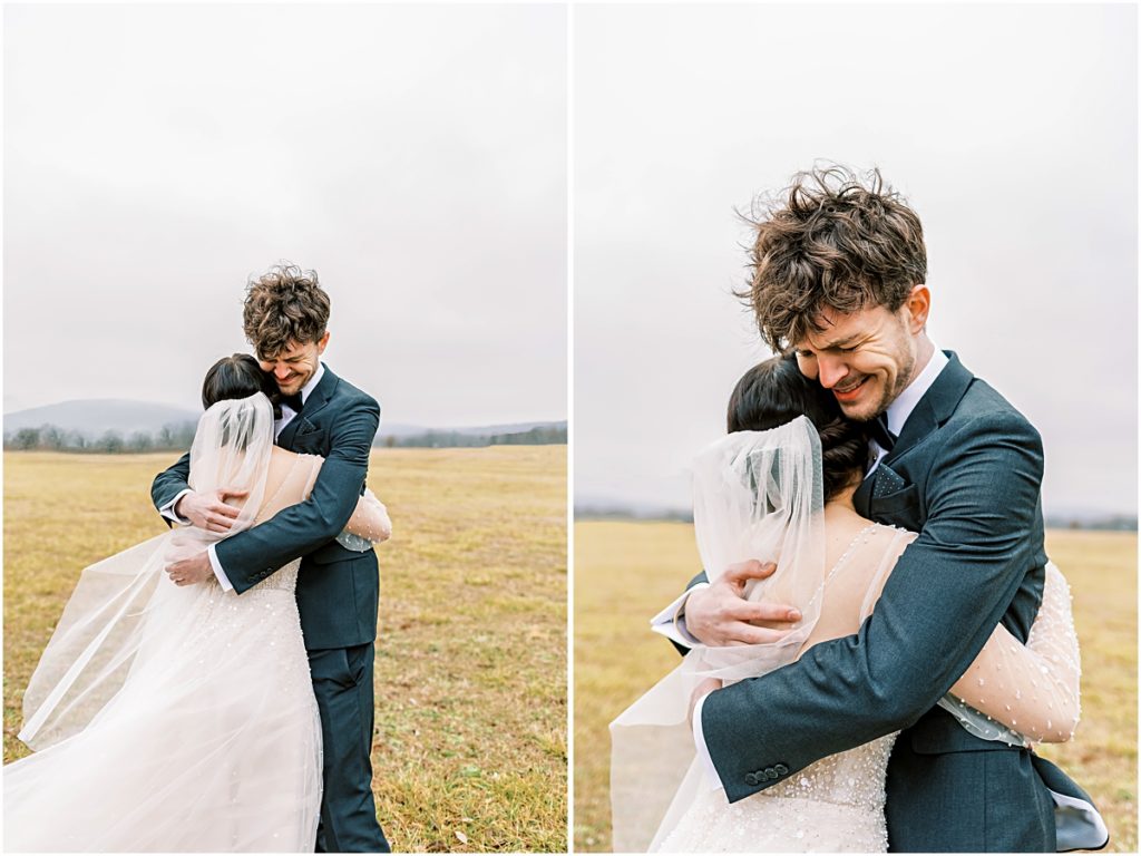 Lawrence hugging and tearing up at first look during Arkansas Elopement 