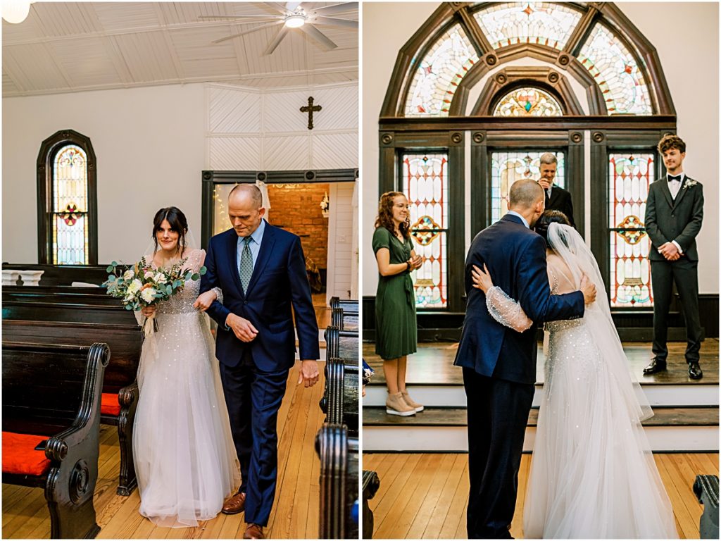 Emily being walked down the aisle by her father during Arkansas Elopement 