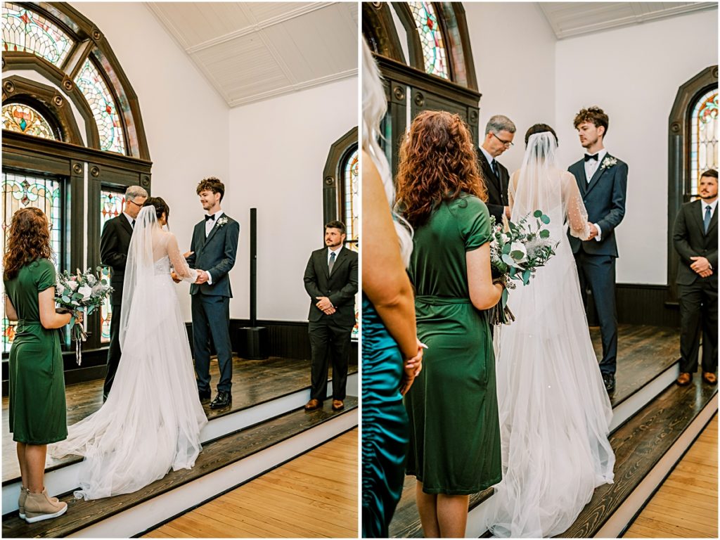 Collage of Emily and Lawrence during vows. Bridesmaids and Groomsmen in foreground. 